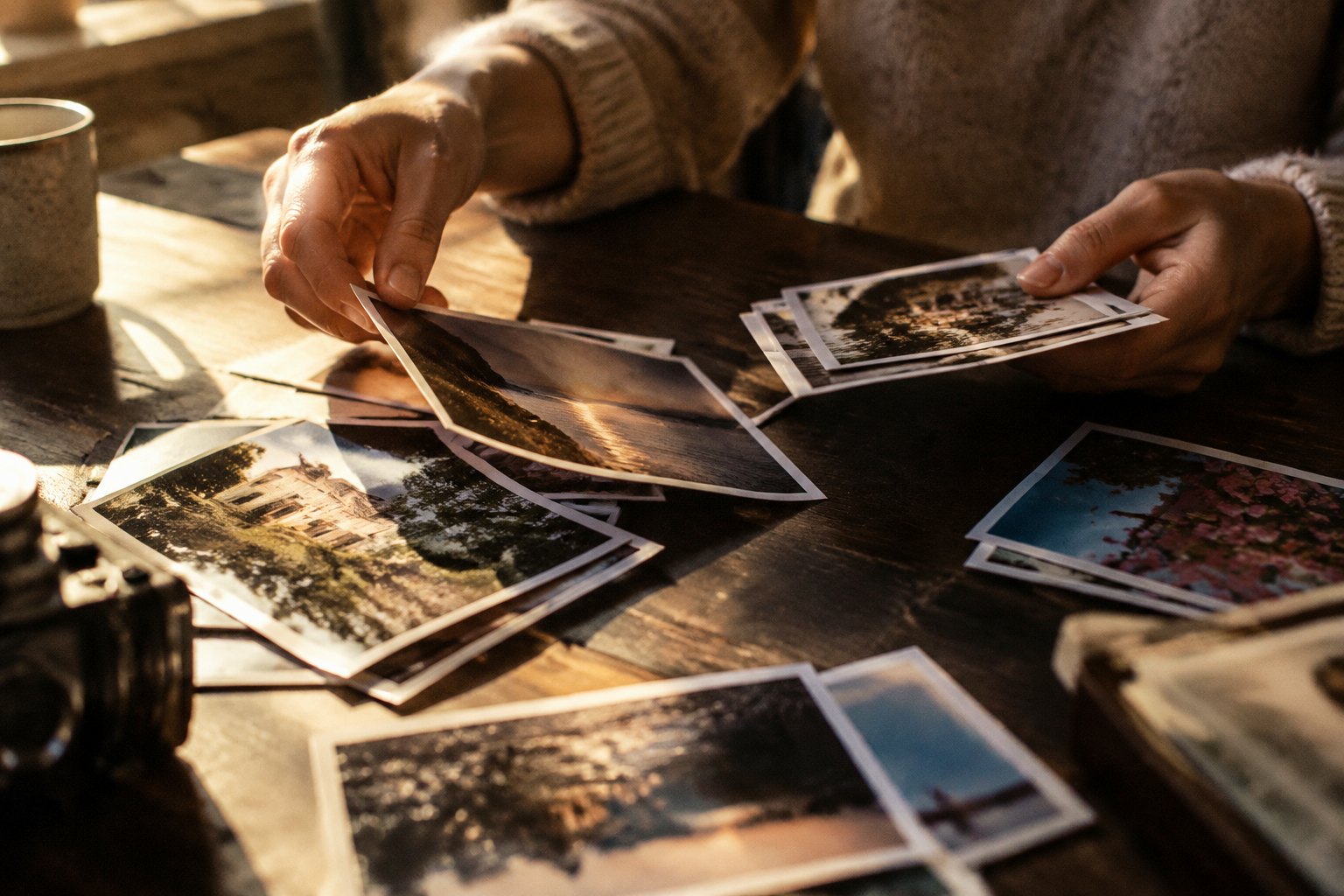 Hands sorting printed photographs on a dark table