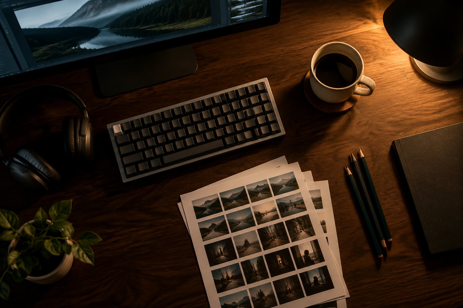 An editor's desk with keyboard, headphones and contact sheets