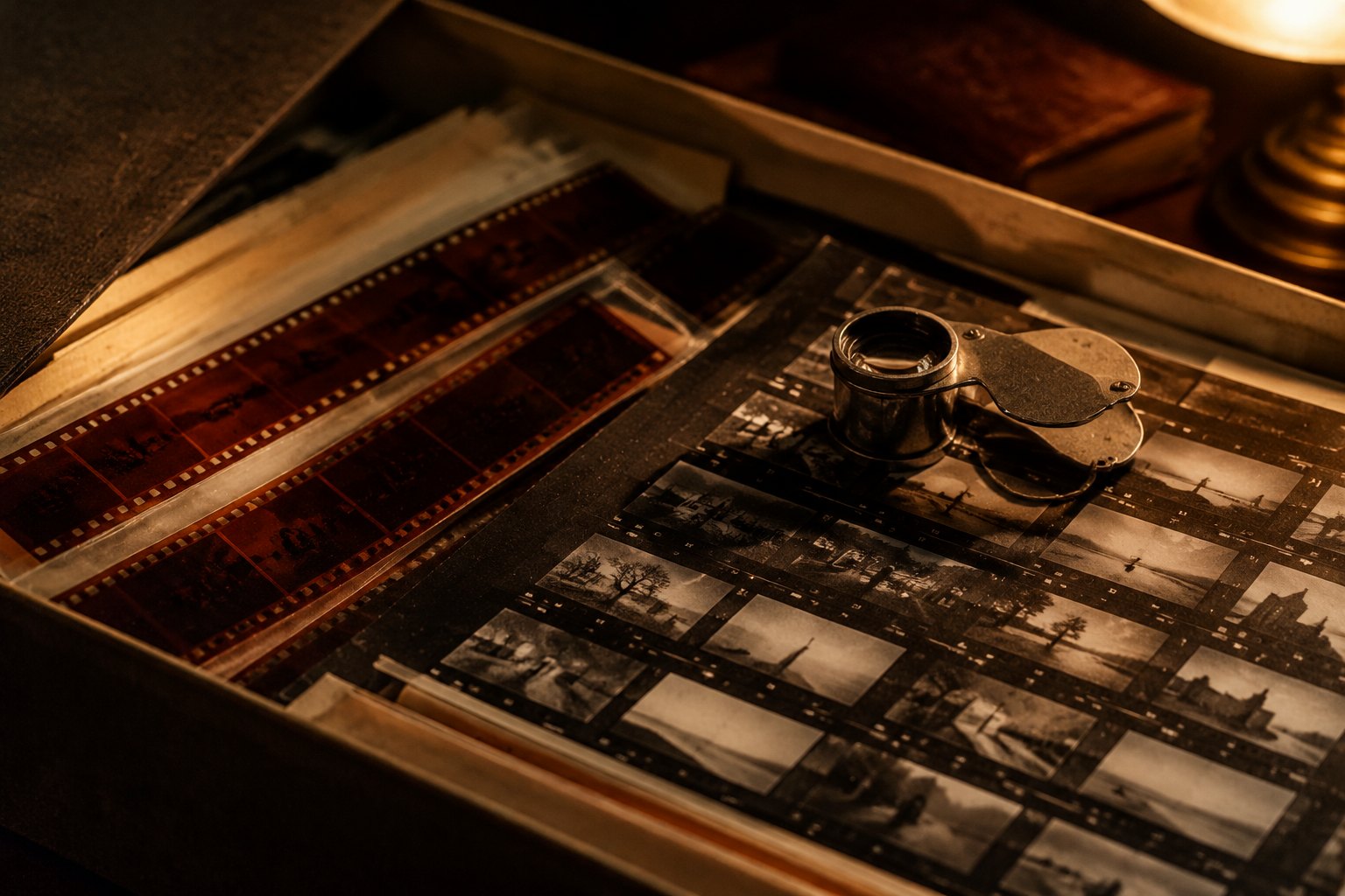 An archive box of 35mm negatives and contact sheets with a loupe